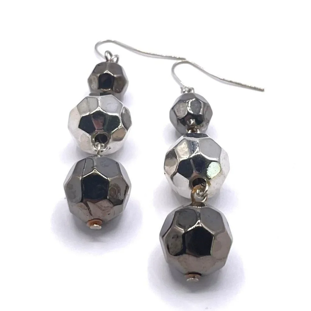 Silver and Gun Metal Black Round Faceted Beaded Dangling Drop Hook Earrings